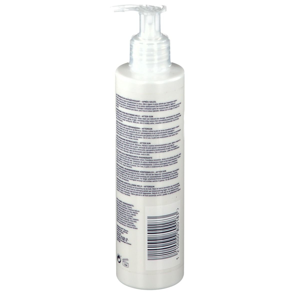 Weiße Flasche mit Pumpe. Rückseite mit Text. Aufschrift: RoC Soleil-Protect Après-Soleil.
