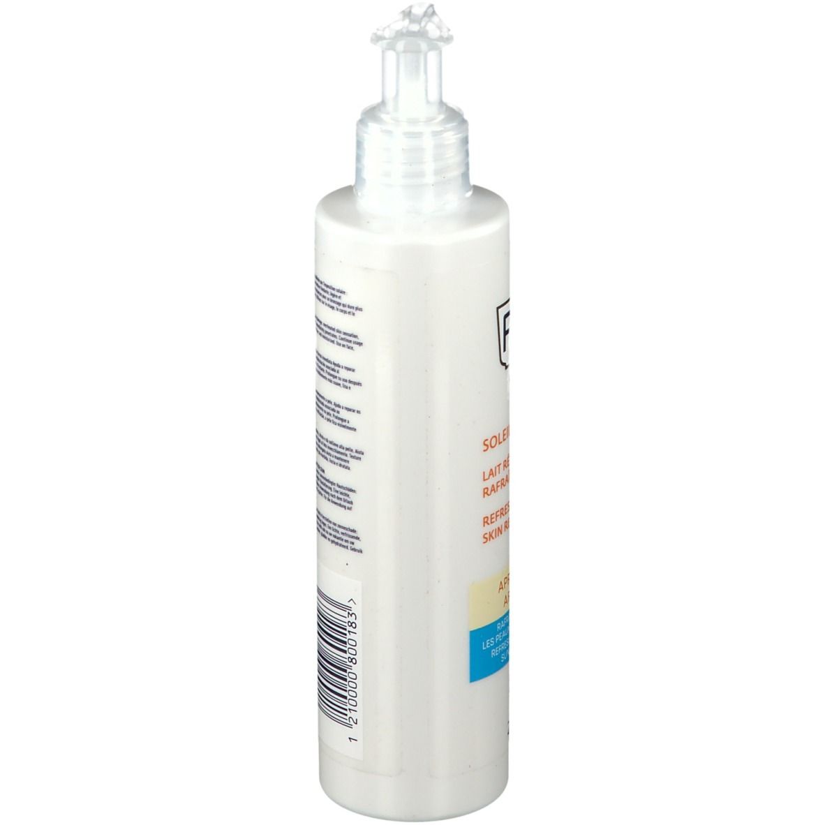 Weiße Flasche mit Pumpe. Aufschrift: RoC Soleil-Protect Après-Soleil.