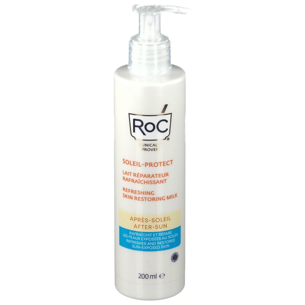 Weiße Flasche mit Pumpe. Aufschrift: RoC Soleil-Protect Après-Soleil. 200 ml.