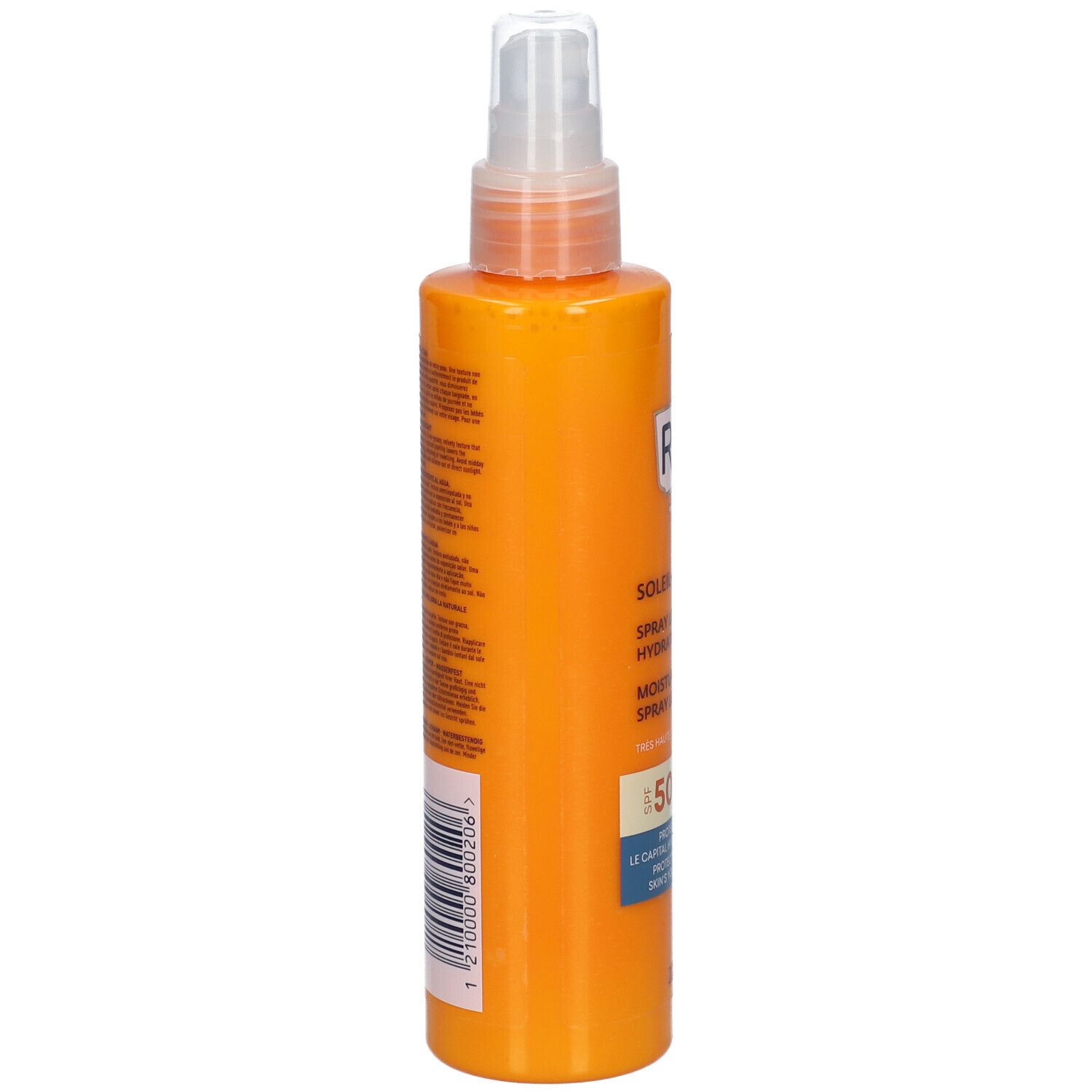 Rückseite einer orangefarbenen Sprühflasche mit weißem Sprühkopf. Text und Barcode.