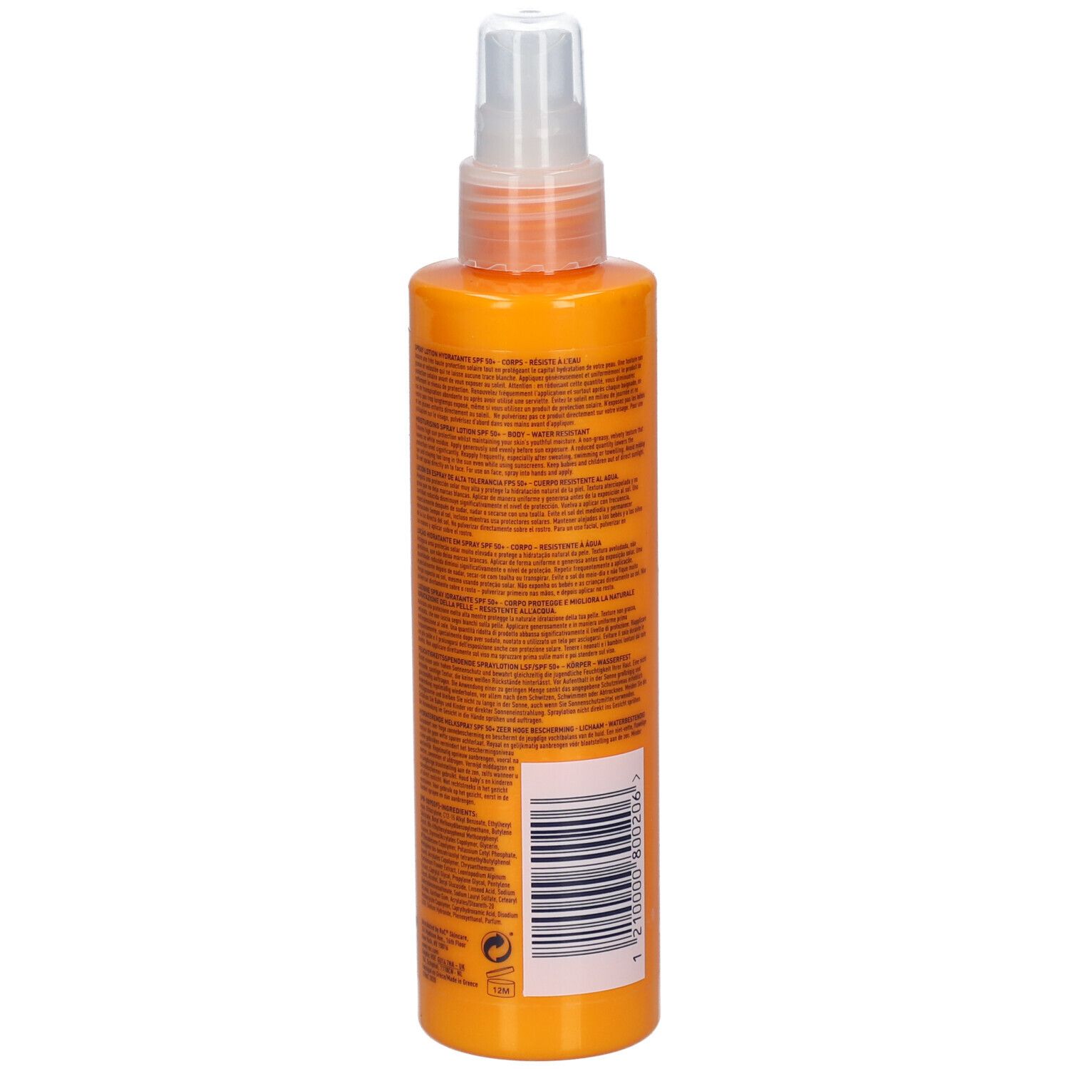 Rückseite einer orangefarbenen Sprühflasche mit weißem Sprühkopf. Text und Barcode.