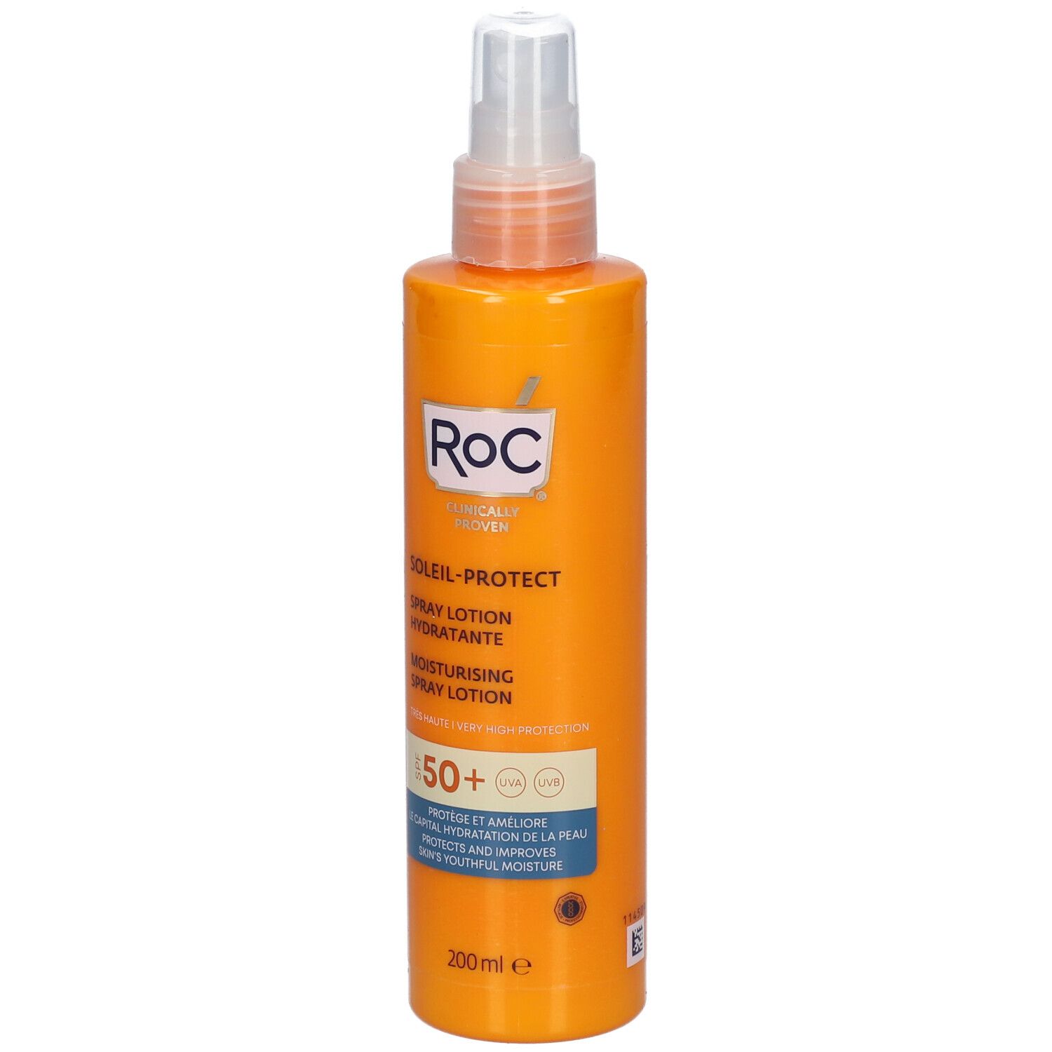 Orangefarbene Sprühflasche mit weißem Sprühkopf. Aufschrift: RoC SOLEIL-PROTECT, LSF 50+. 200ml.
