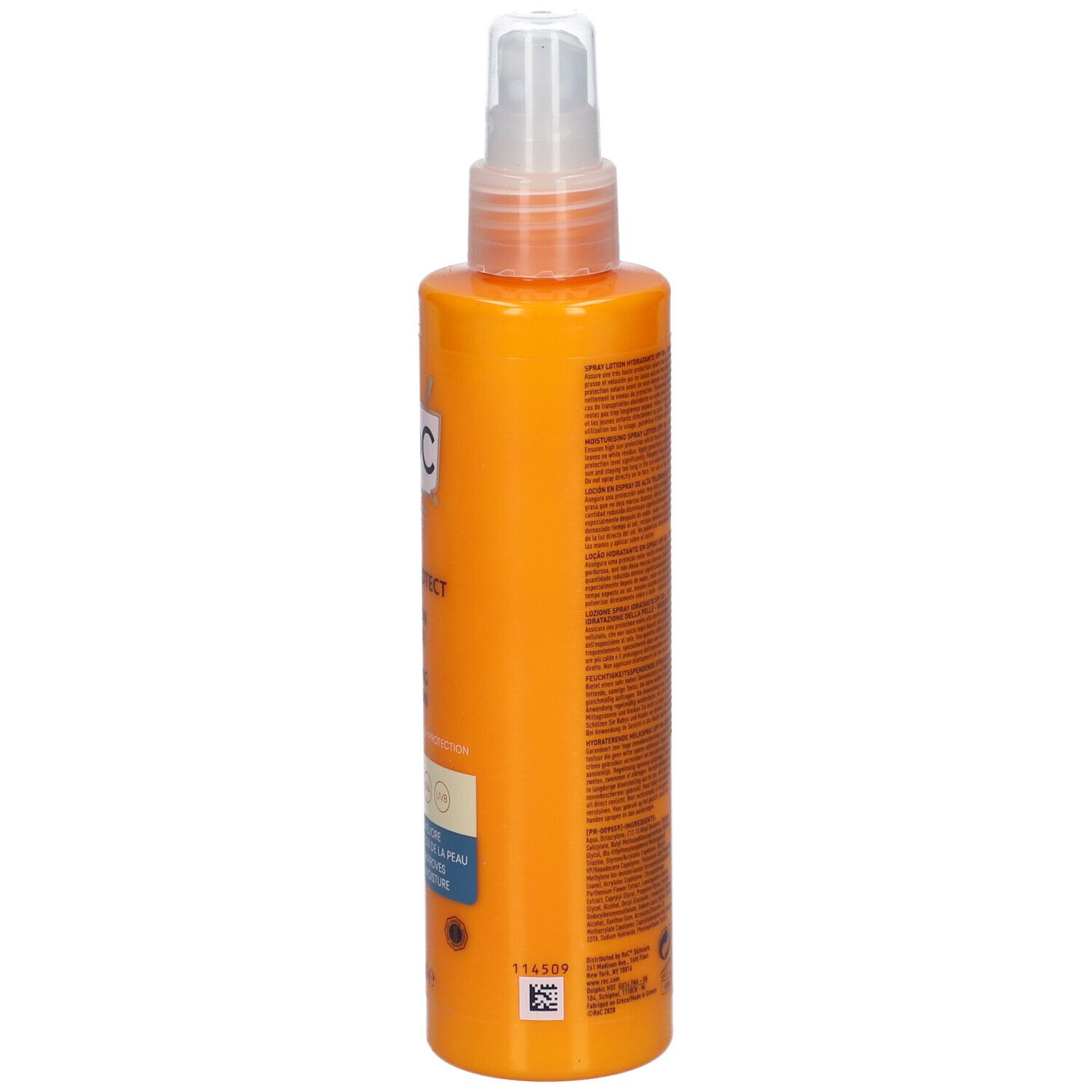 Rückseite einer orangefarbenen Sprühflasche mit weißem Sprühkopf. Text und Barcode.