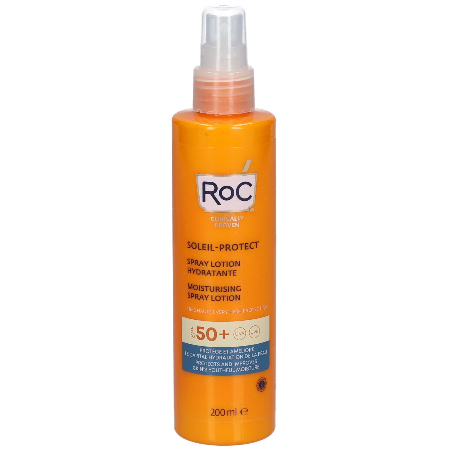 Orangefarbene Sprühflasche mit weißem Sprühkopf. Aufschrift: RoC SOLEIL-PROTECT, LSF 50+. 200ml.