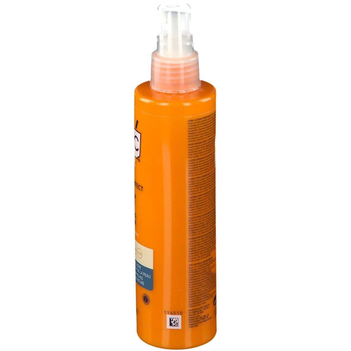 Orangefarbene Sprühflasche mit weißem Sprühkopf. Aufschrift: RoC Soleil-Protect, LSF 30. Rückseite mit Text.