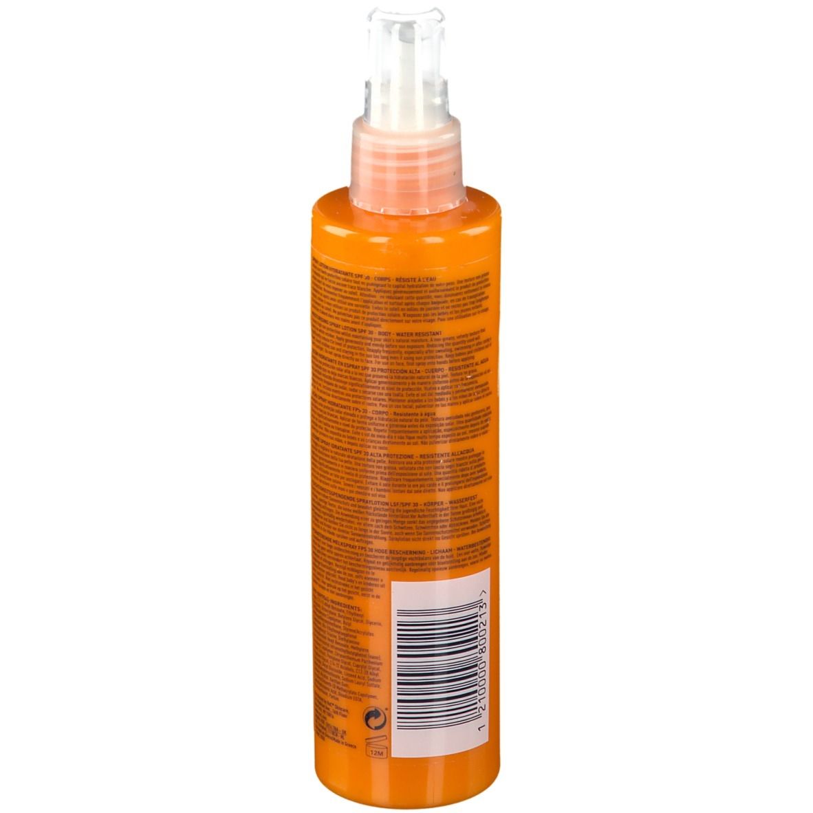 Rückseite einer orangefarbenen Sprühflasche mit weißem Sprühkopf. Text und Barcode.