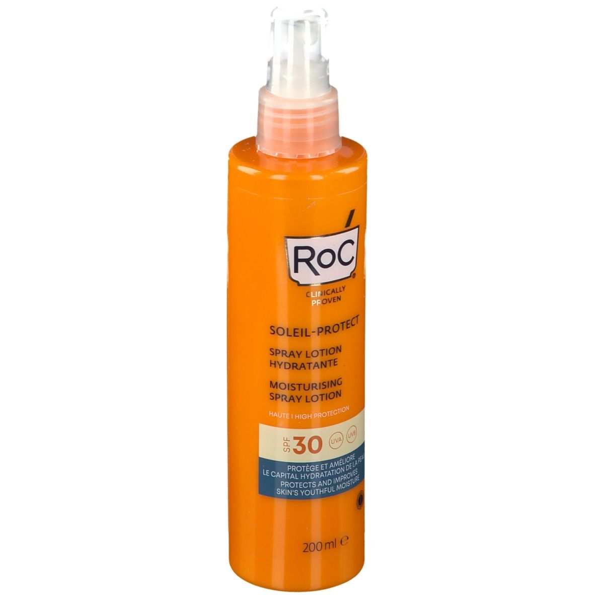 Orangefarbene Sprühflasche mit weißem Sprühkopf. Aufschrift: RoC Soleil-Protect, LSF 30. 200ml.
