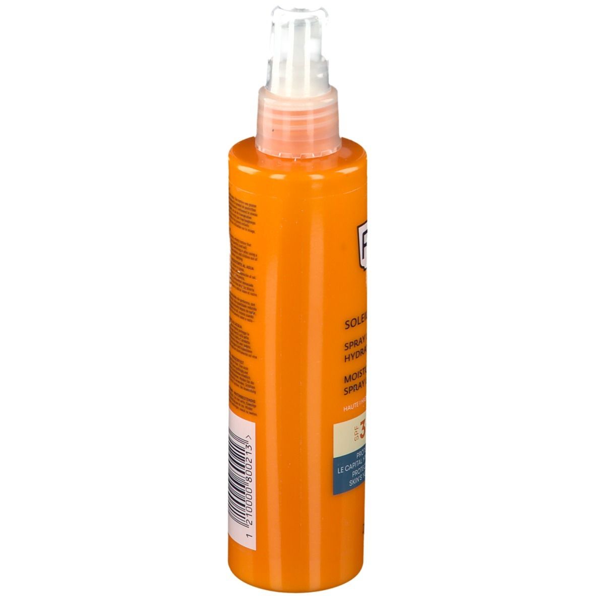 Rückseite einer orangefarbenen Sprühflasche mit weißem Sprühkopf. Aufschrift: RoC Soleil-Protect, LSF 30.