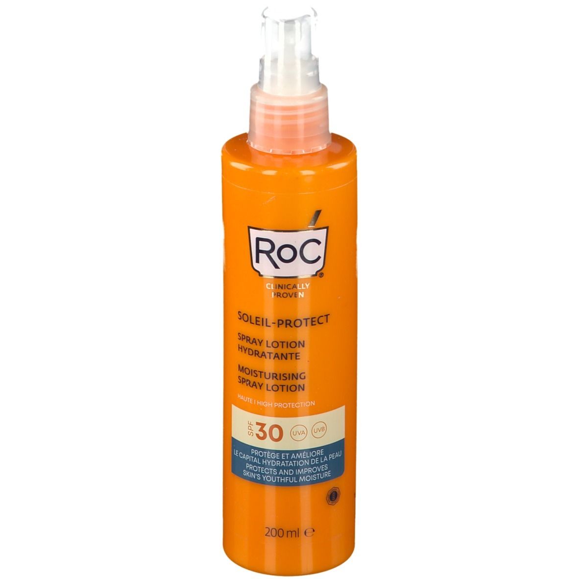 Orangefarbene Sprühflasche mit weißem Sprühkopf. Aufschrift: RoC Soleil-Protect, LSF 30. 200ml.