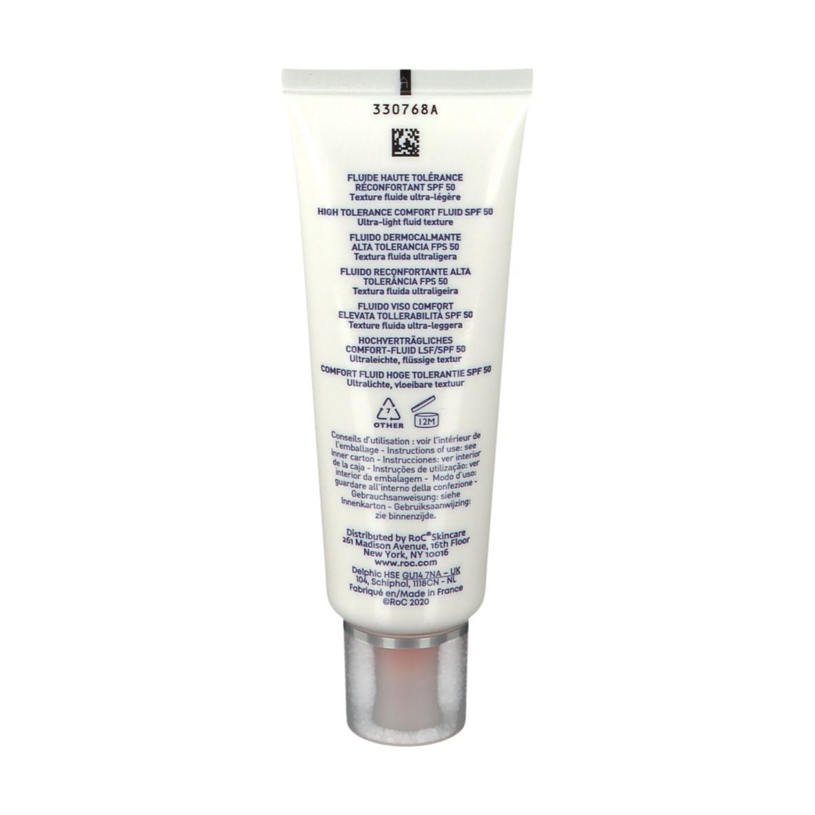Dos du tube RoC® Soleil-Protect Fluide SPF 50. Texte multilingue. 50 ml. Bouchon transparent.