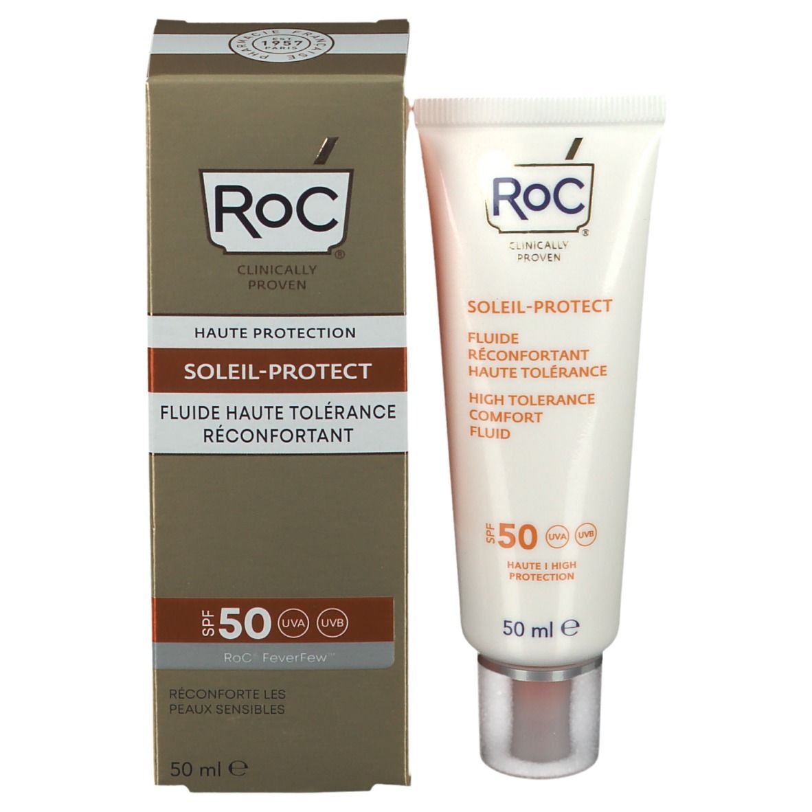 Tube et boîte RoC® Soleil-Protect Fluide SPF 50. Écriture orange. 50 ml. Boîte marron.