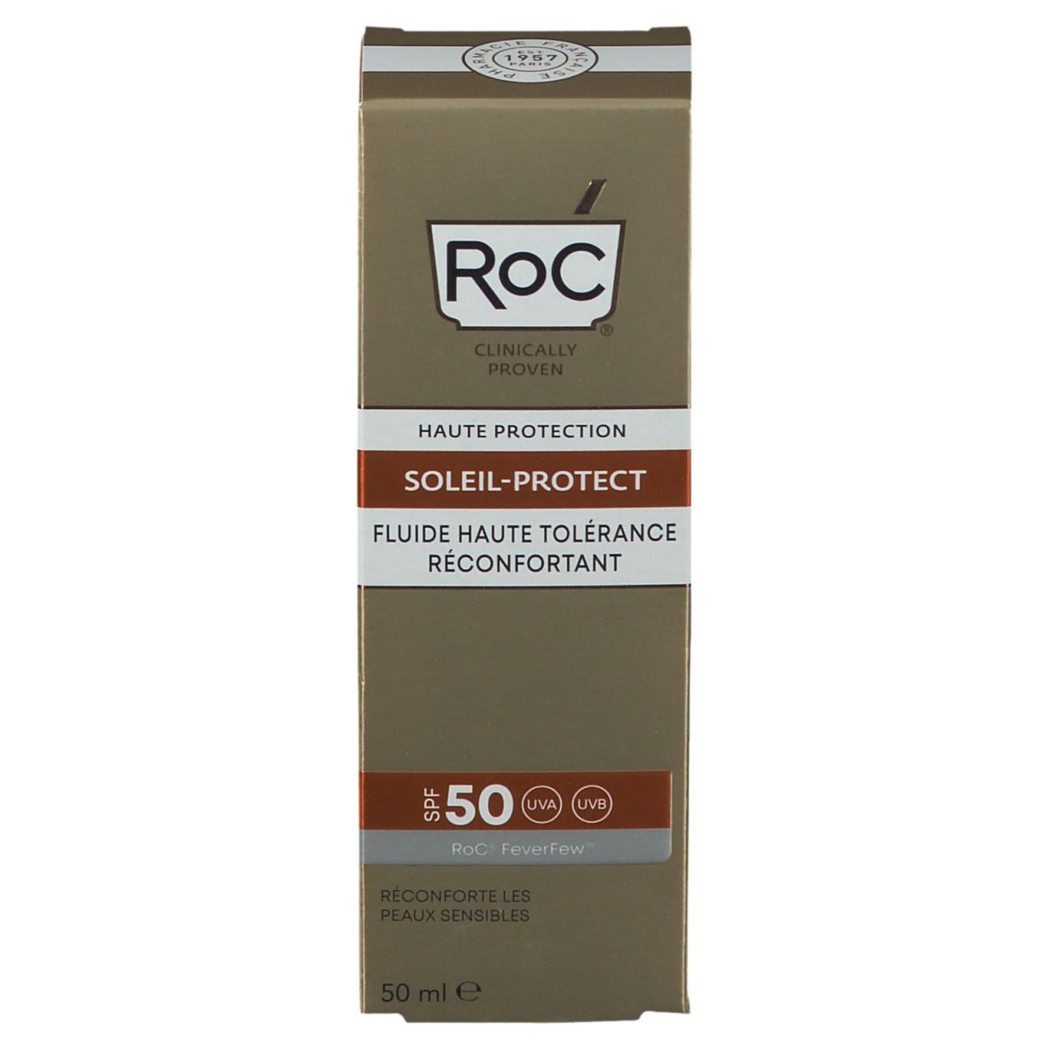 Boîte marron RoC® Soleil-Protect Fluide SPF 50. Écriture orange. 50 ml. Texte multilingue.