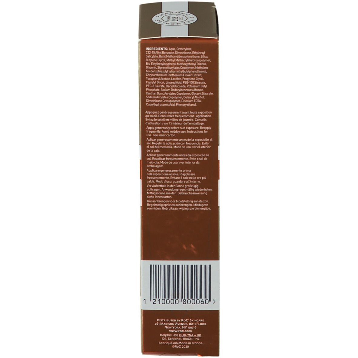 Boîte marron RoC® Soleil-Protect Fluide SPF 50. Texte multilingue. Liste des ingrédients. Code-barres.