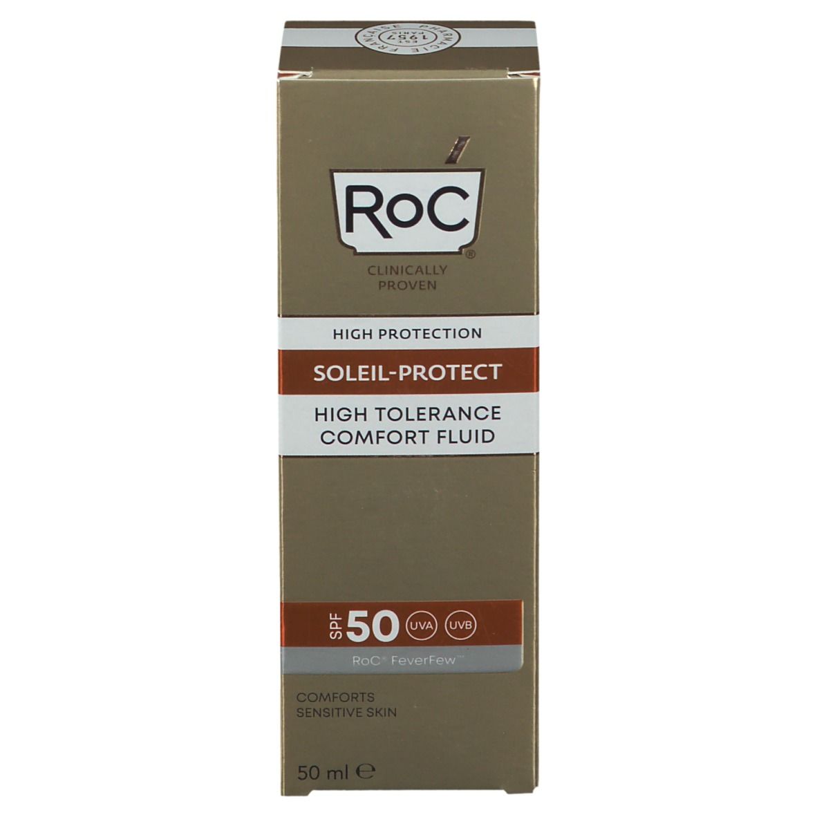 Boîte marron RoC® Soleil-Protect Fluide SPF 50. Écriture orange. 50 ml. Texte multilingue.