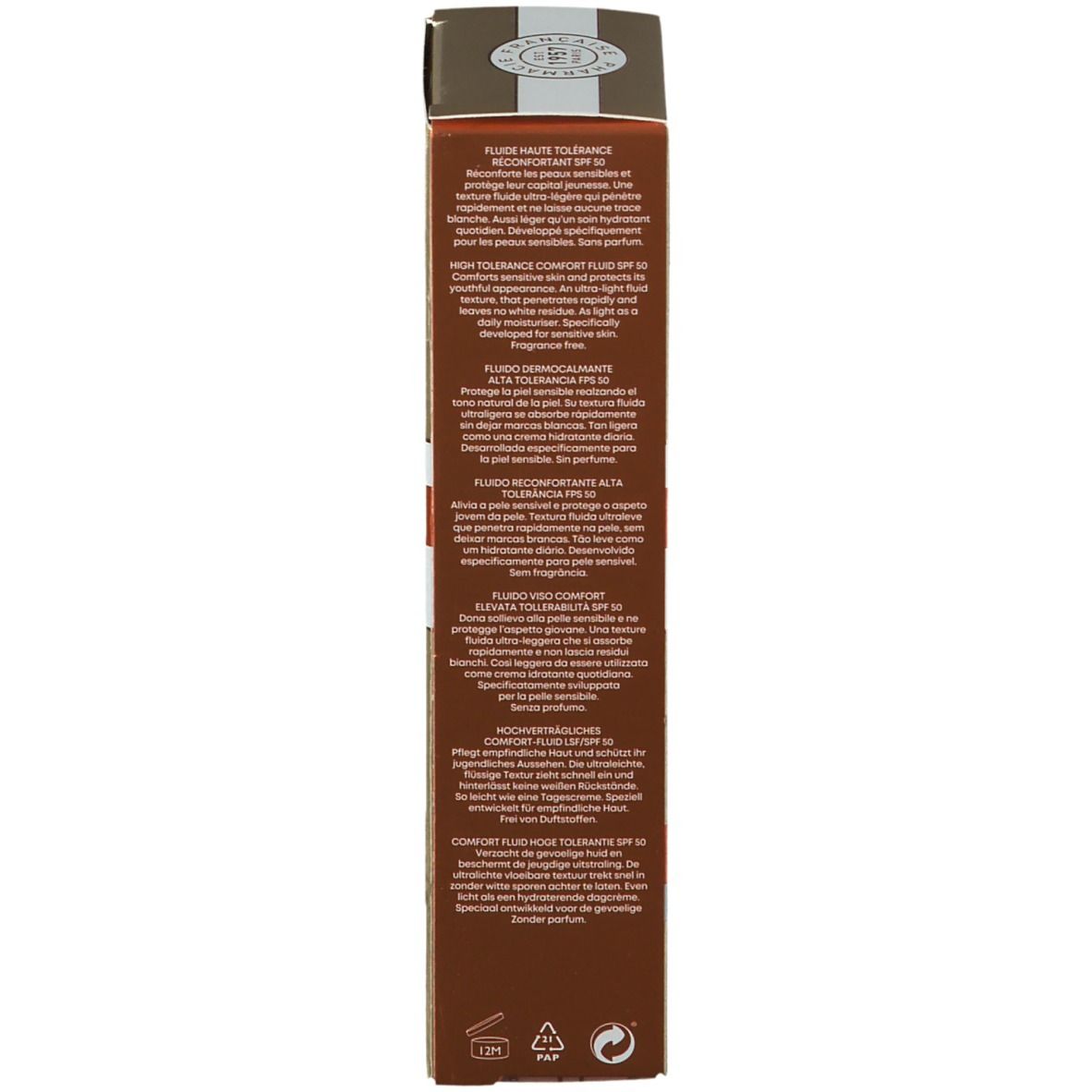 Boîte marron RoC® Soleil-Protect Fluide SPF 50. Texte multilingue. 50 ml. Symboles.