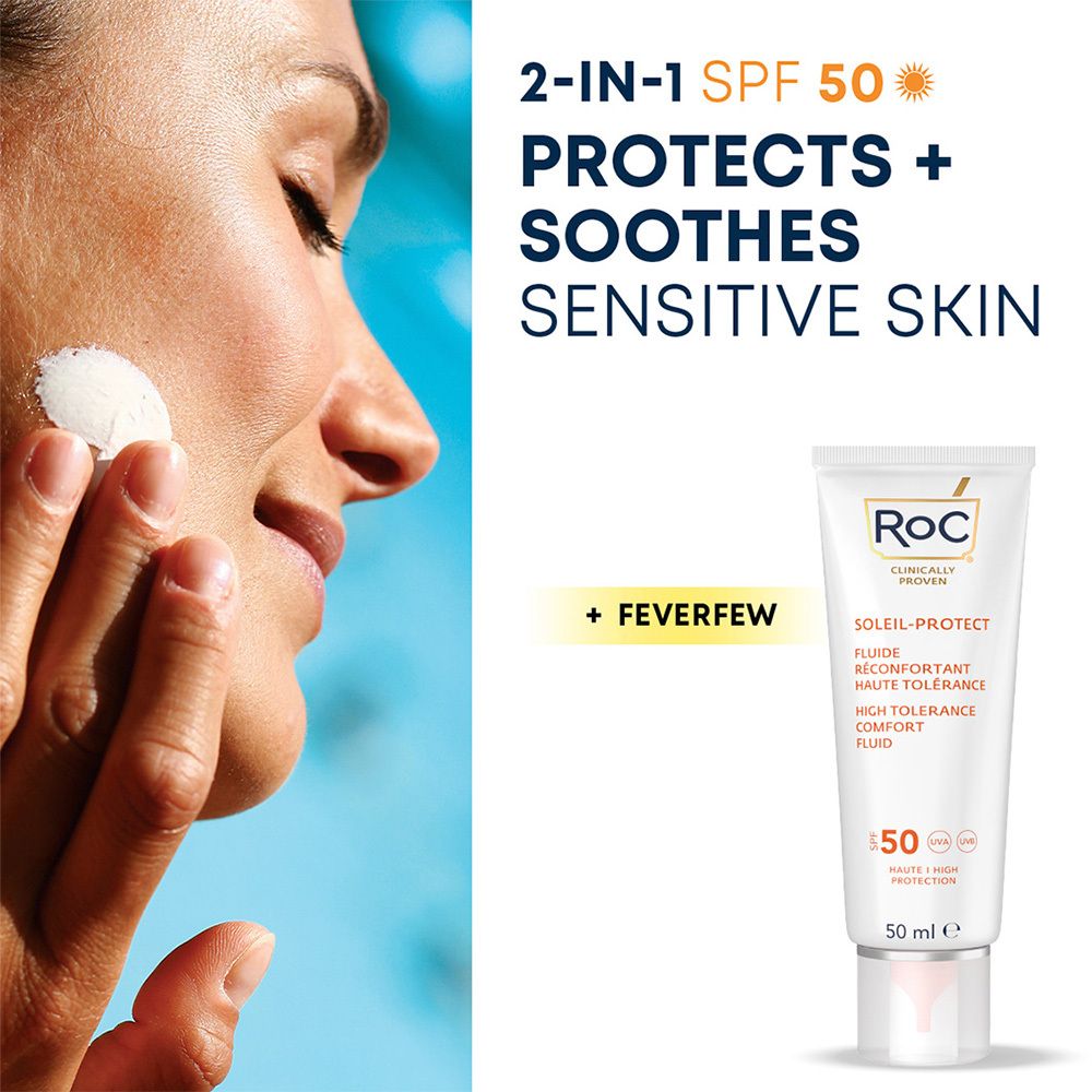 Femme appliquant le produit. RoC® Soleil-Protect Fluide SPF 50. Texte: 2-en-1 SPF 50. + Feverfew.