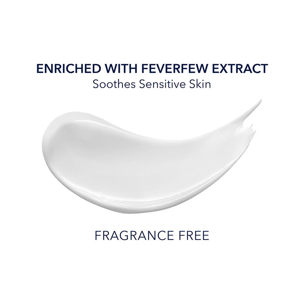 Trace de produit blanc. Texte: Enriched with Feverfew Extract. Fragrance Free.