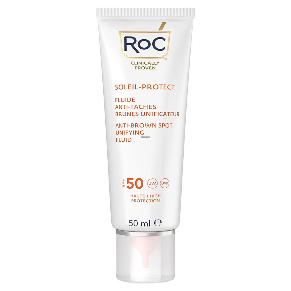RoC Soleil Protect Fluid. Witte tube met productinfo en SPF 50. Merk en productnaam zichtbaar.
