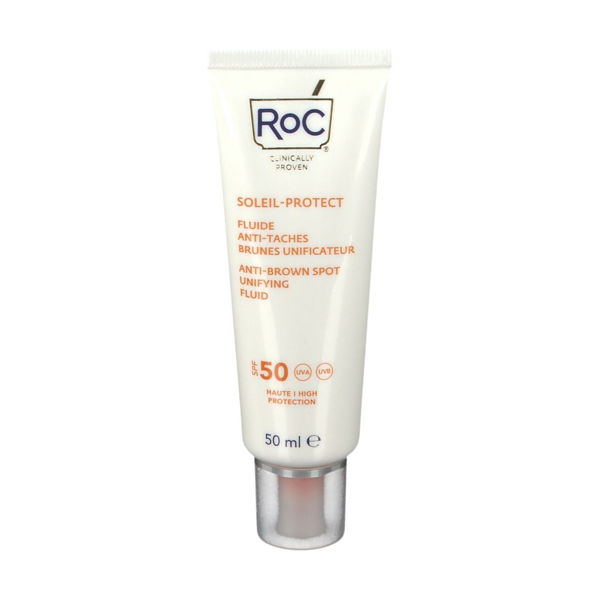 Tube RoC Soleil Protect. Ingrédients et SPF 50 visibles. Marque, nom du produit et texte en évidence.