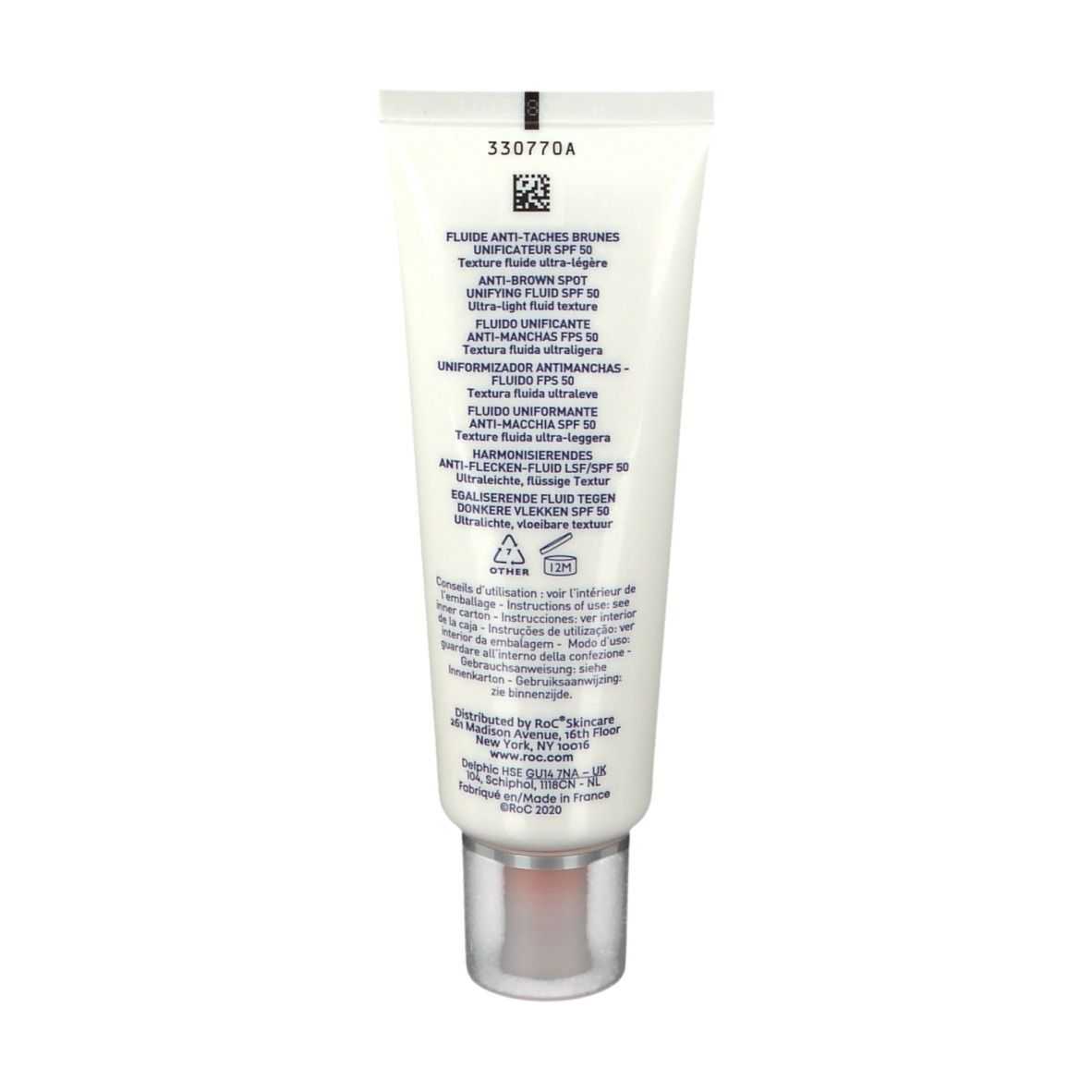 Dos du tube RoC Soleil Protect. Texte multilingue. Code-barres et autres informations.