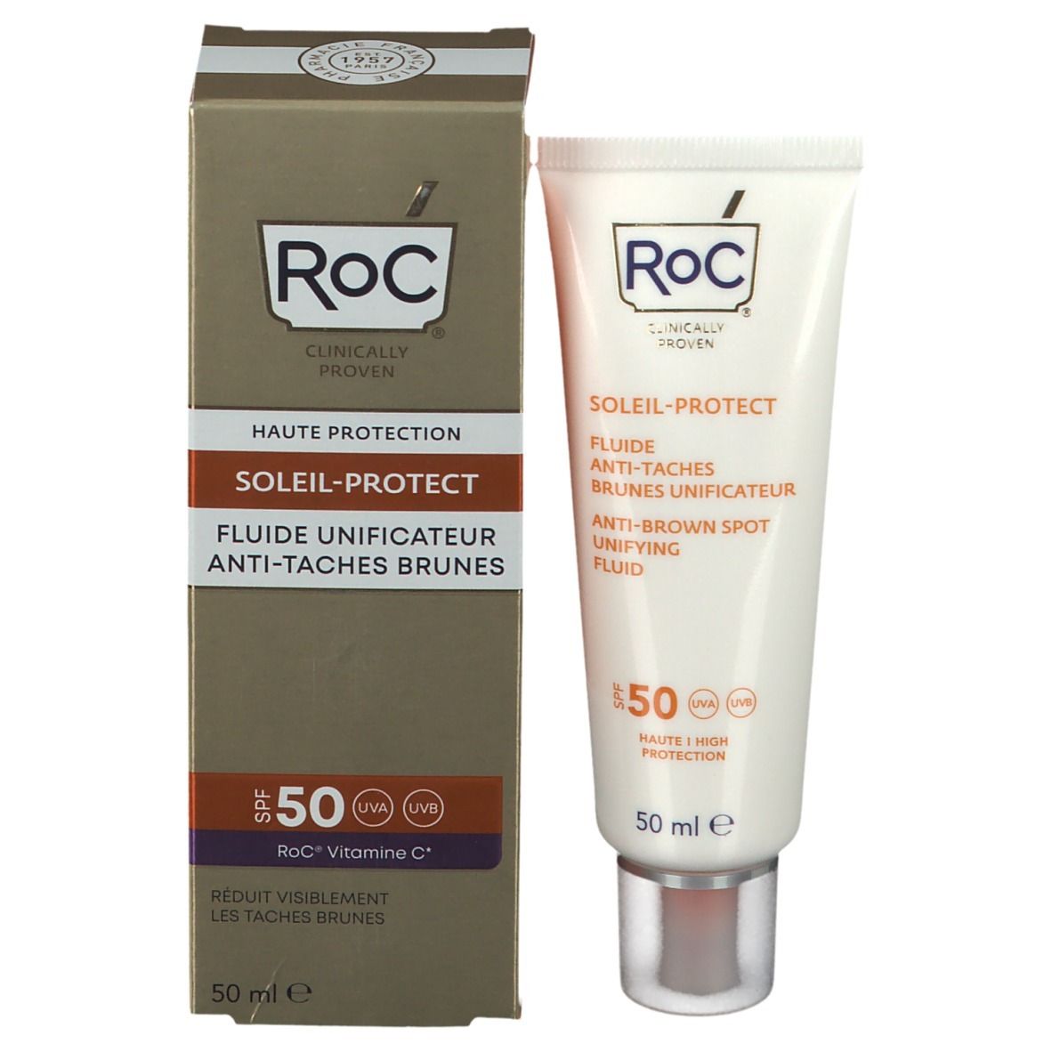 RoC Soleil Protect Fluid et emballage. Tube et boîte. Nom du produit, marque et SPF 50 visibles.