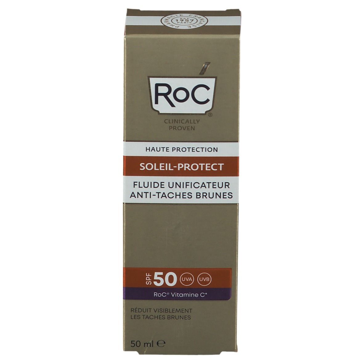 Emballage RoC Soleil Protect. Nom du produit, marque et SPF 50. Boîte marron avec texte.