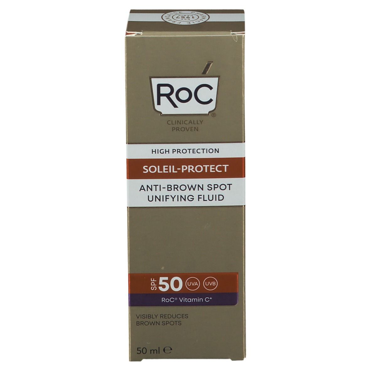Emballage RoC Soleil Protect. Nom du produit, marque et SPF 50. Boîte marron avec texte.