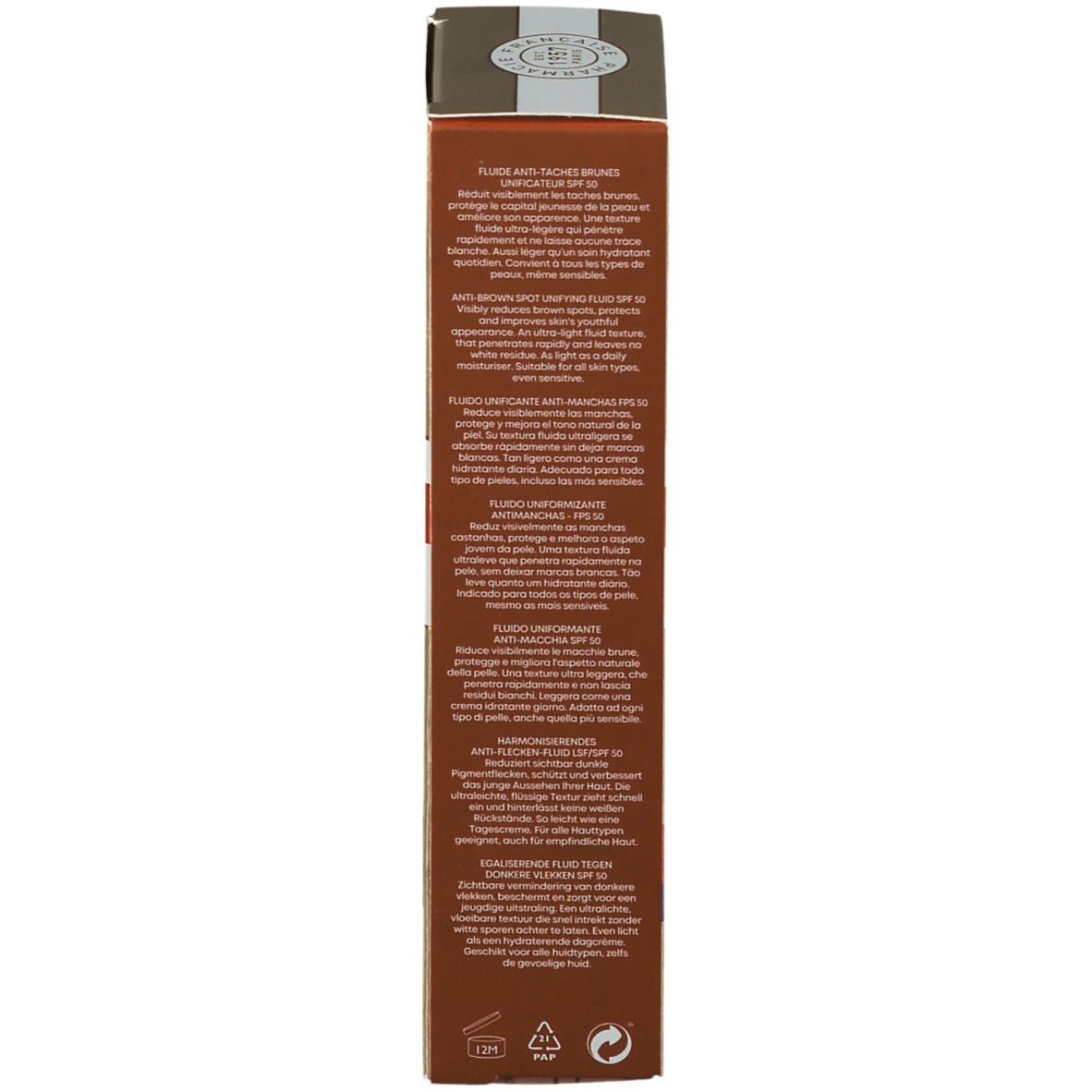 Côté de l'emballage RoC Soleil Protect. Informations produit multilingues. Boîte marron.