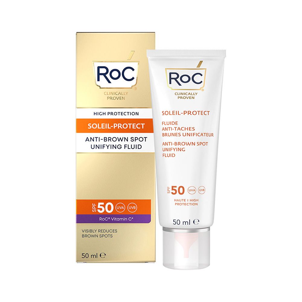 RoC Soleil Protect Fluid en verpakking. Tube en doos. Productnaam, merk en SPF 50 zichtbaar.