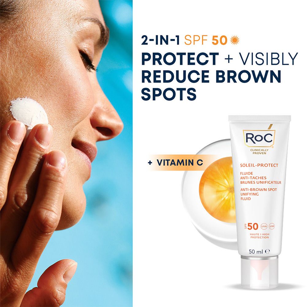 Gezicht dat RoC Soleil Protect Fluid aanbrengt. Tube en productinfo zichtbaar.