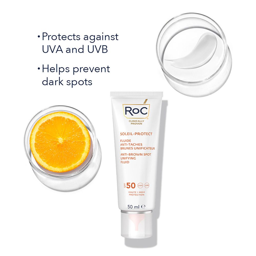 RoC Soleil Protect Fluid, sinaasappel en labo-containers. Product en ingrediënten getoond.