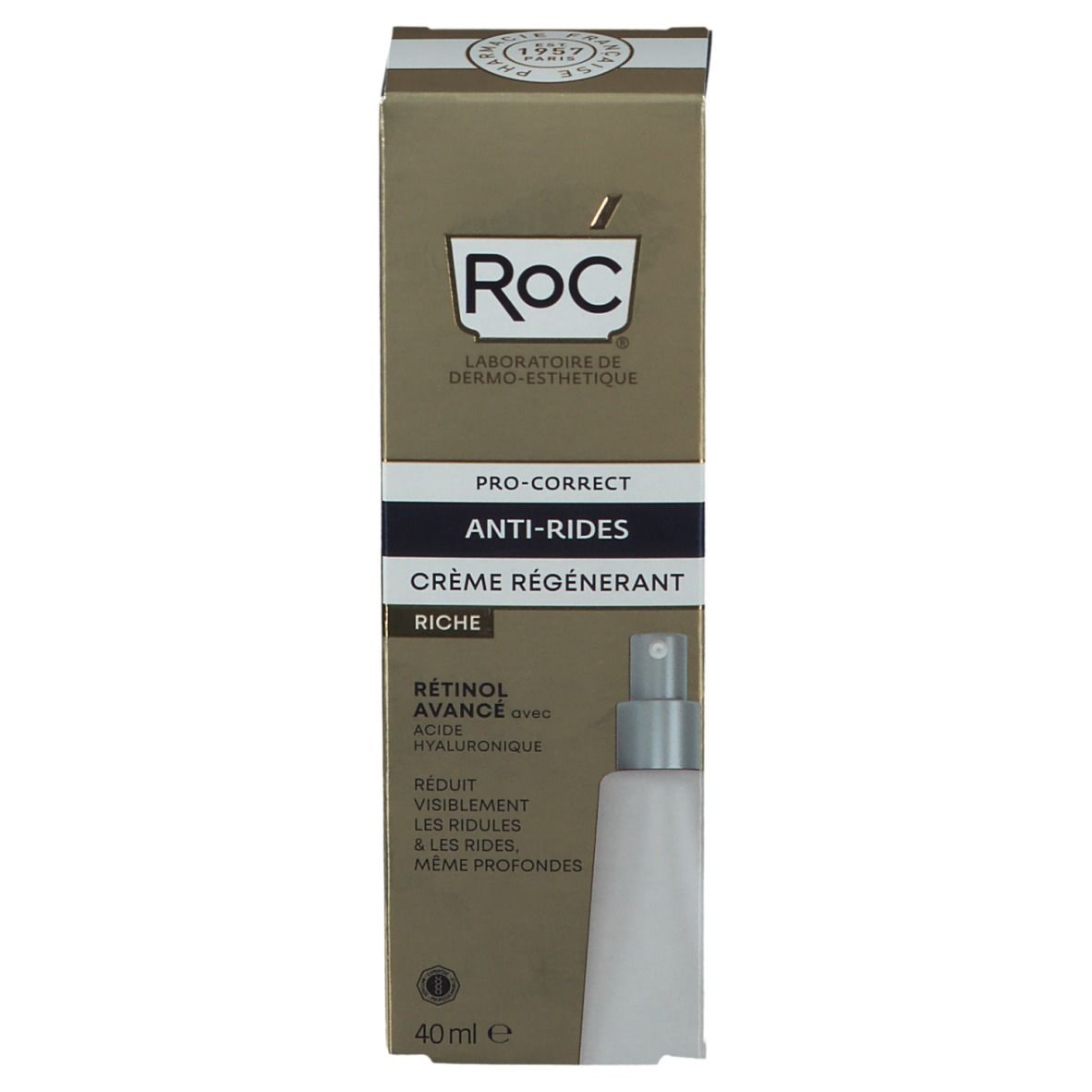 Boîte en carton avec logo RoC et nom du produit. Contient 40 ml.