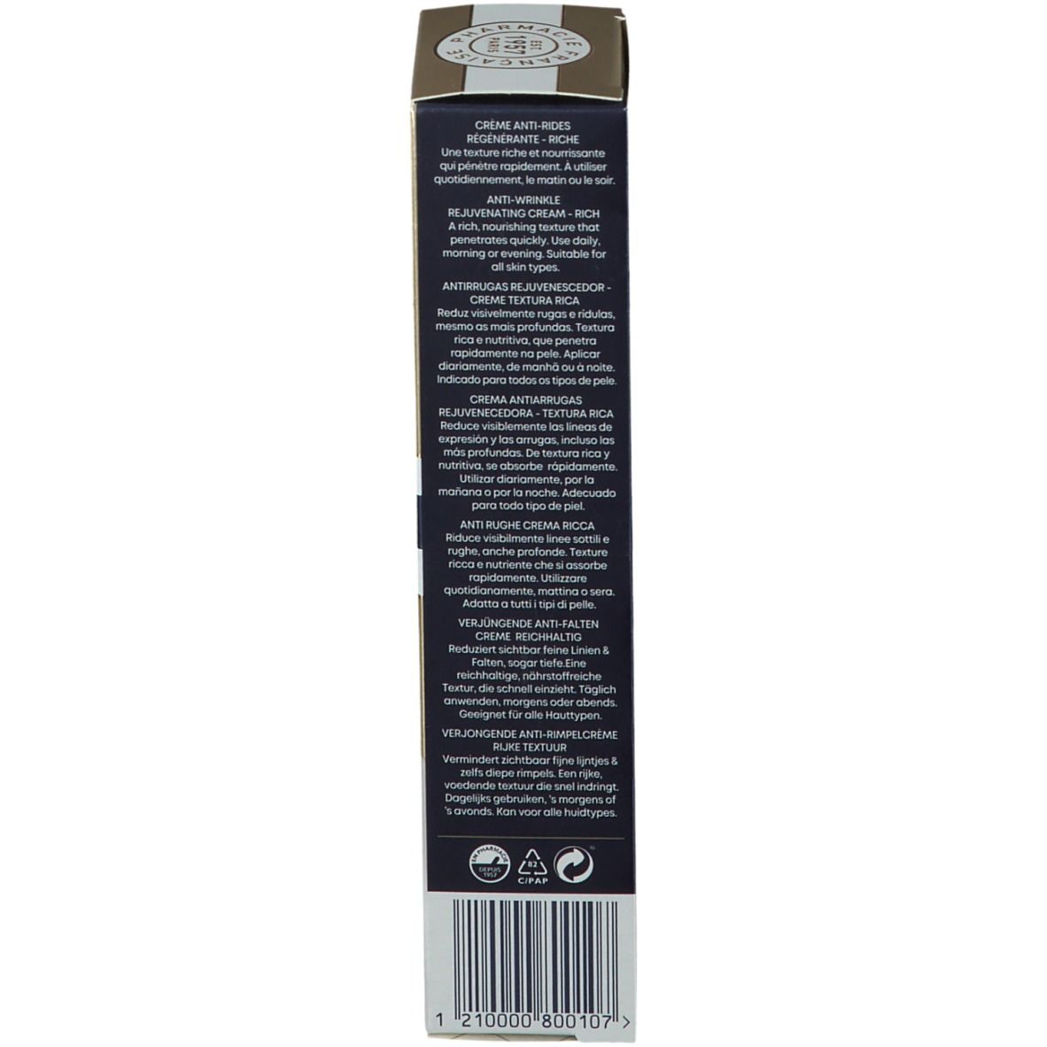 Vue latérale de la boîte en carton. Texte multilingue. Informations.