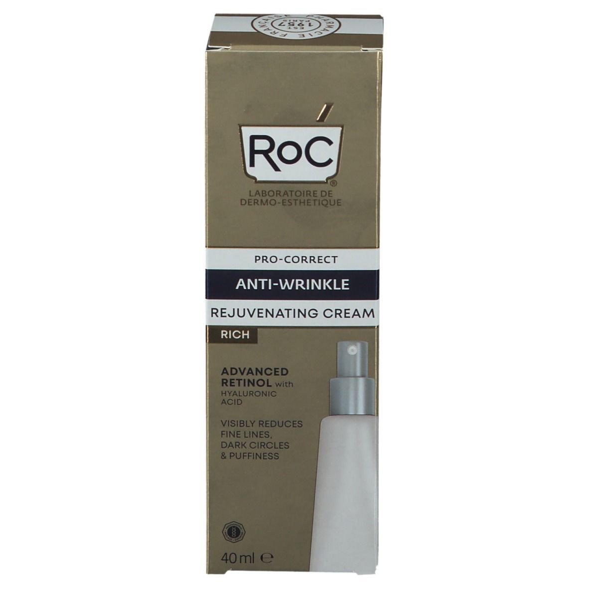 Face avant de la boîte en carton. Logo RoC, nom du produit et 40 ml.