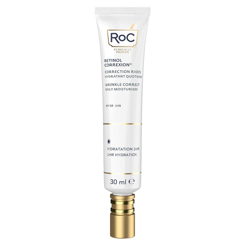 RoC® RETINOL CORREXION® crème tube. Tekst: Correction Rides, Daily Moisturiser, SPF 20. 30 ml.