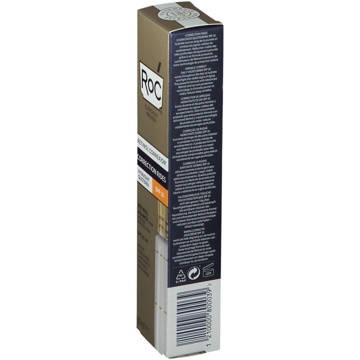 RoC® RETINOL CORREXION® Vochtinbrengende crème SPF20. Gouden verpakking. Tekst: Correction Rides, SPF 20.