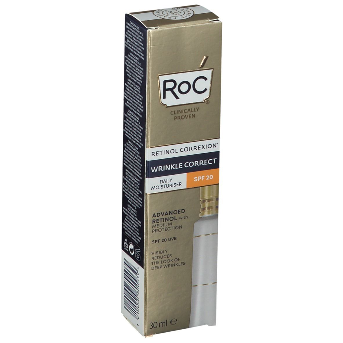 RoC® RETINOL CORREXION® Vochtinbrengende crème SPF20. Gouden verpakking. Tekst: Wrinkle Correct, SPF 20.