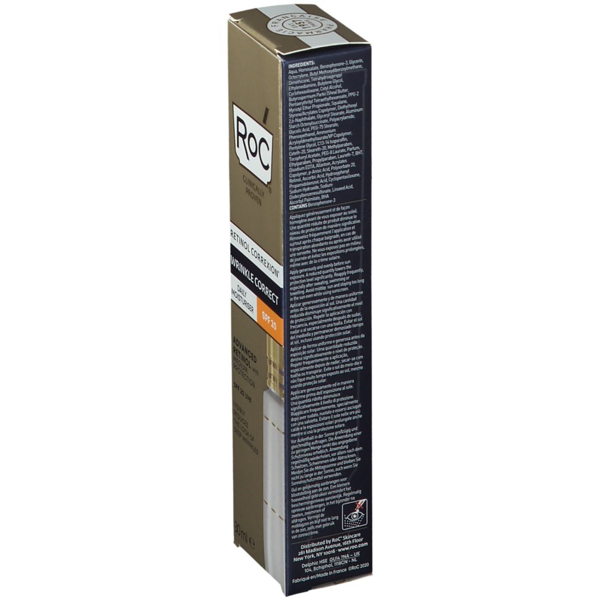 RoC® RETINOL CORREXION® Vochtinbrengende crème SPF20. Gouden verpakking. Tekst: Wrinkle Correct, SPF 20.