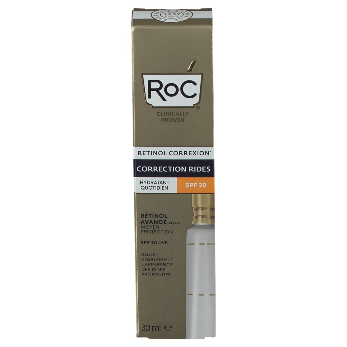 RoC® RETINOL CORREXION® Vochtinbrengende crème SPF20. Gouden verpakking. Tekst: Correction Rides, SPF 20.