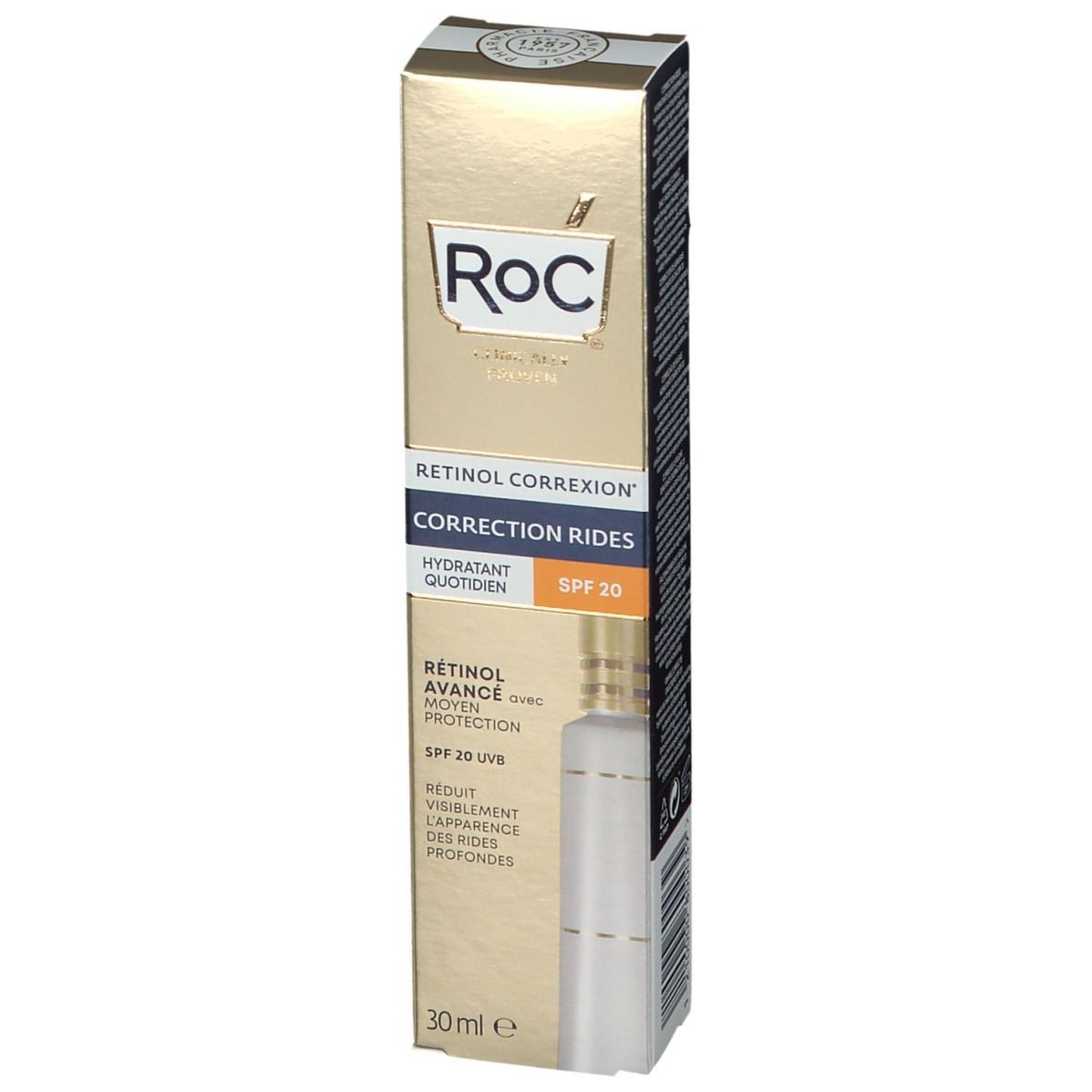 RoC® RETINOL CORREXION® Vochtinbrengende crème SPF20. Gouden verpakking. Tekst: Correction Rides, SPF 20.