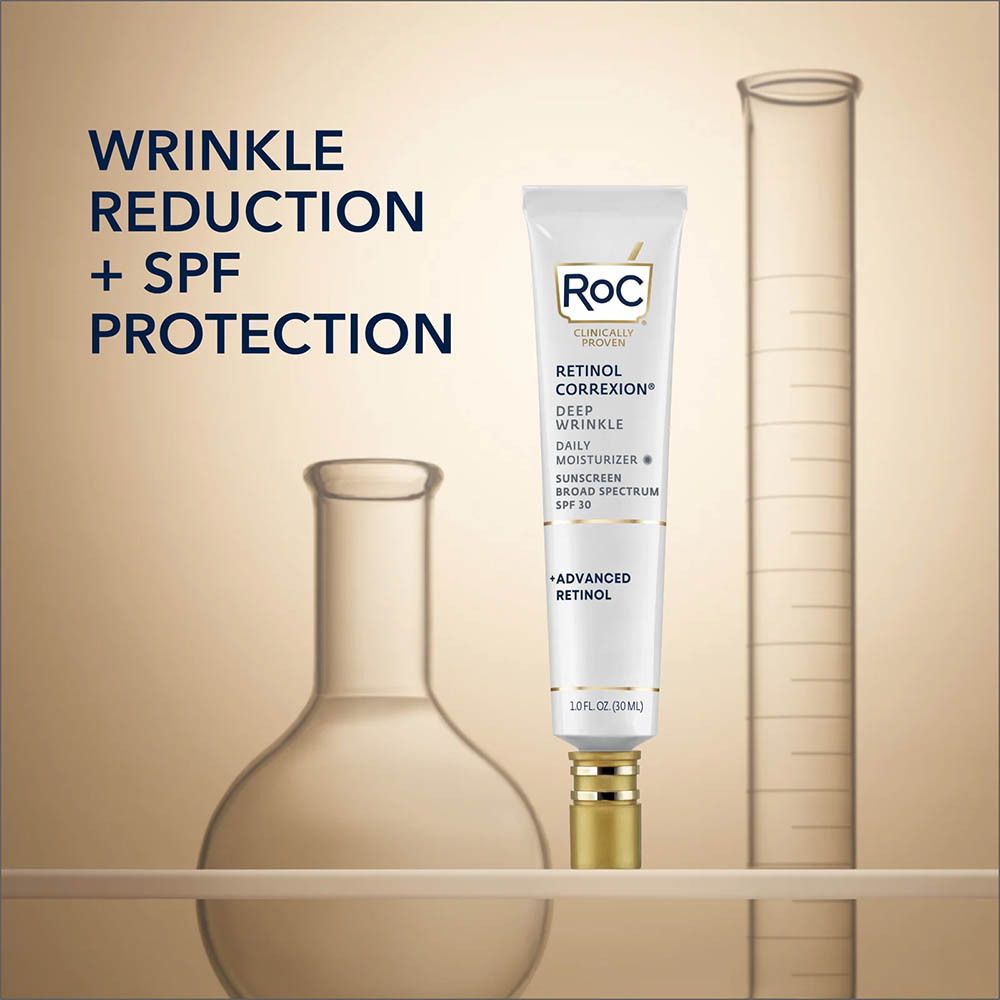 RoC® RETINOL CORREXION® crème tube. Tekst: Wrinkle Reduction + SPF Protection. 30 ml.