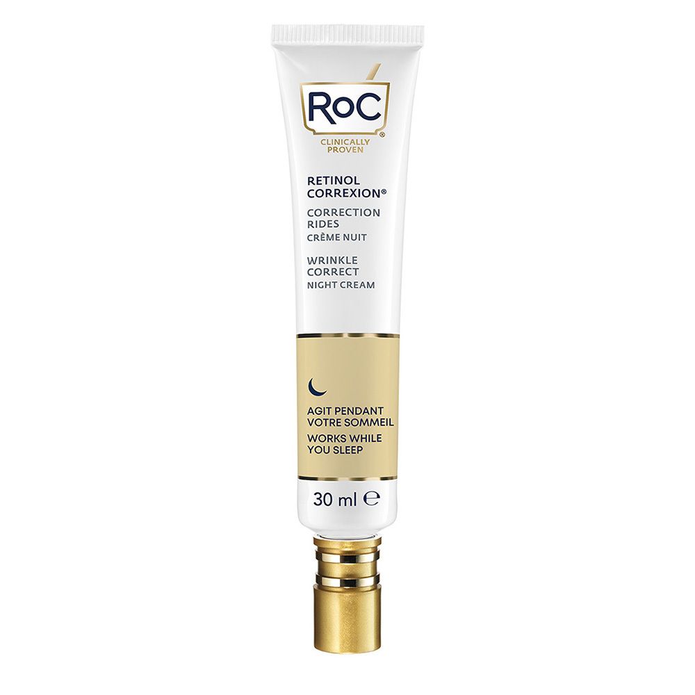 RoC® RETINOL CORREXION® Nachtcrème tube. Wit, goud en zwart. 30 ml. Logo en naam zichtbaar.
