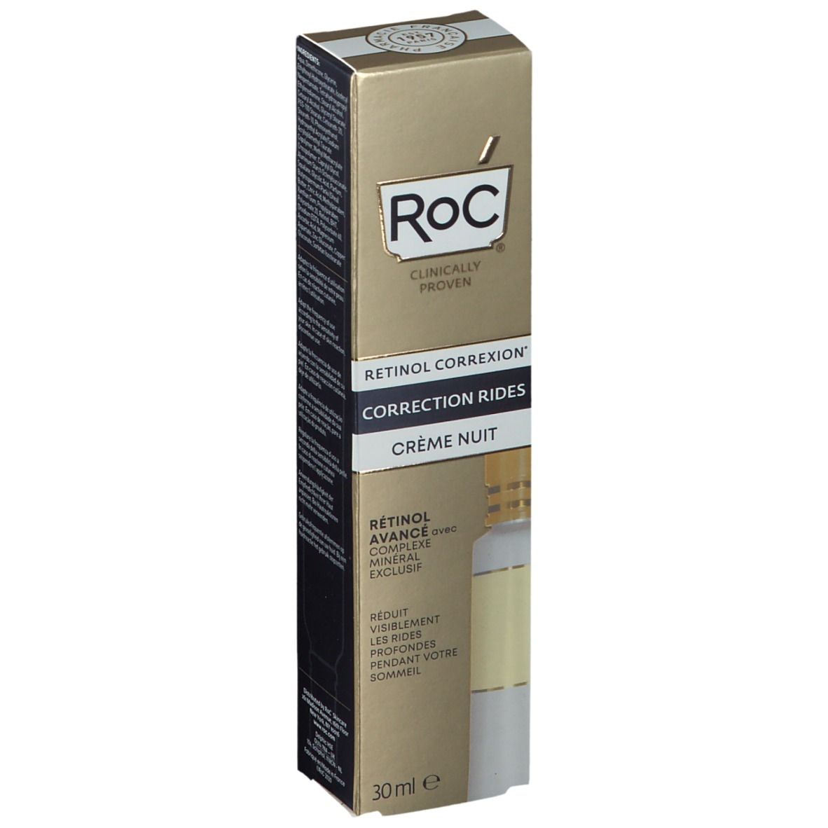 RoC® Faltenkorrektur Nachtcreme. Goldfarbene Verpackung. Produktname und Logo sichtbar. 30ml.