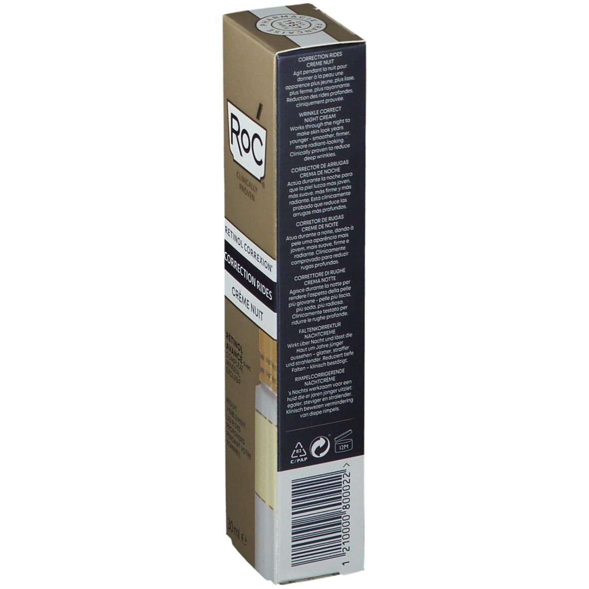 Rückseite der RoC® Faltenkorrektur Nachtcreme Verpackung. Text in mehreren Sprachen. Barcode unten.