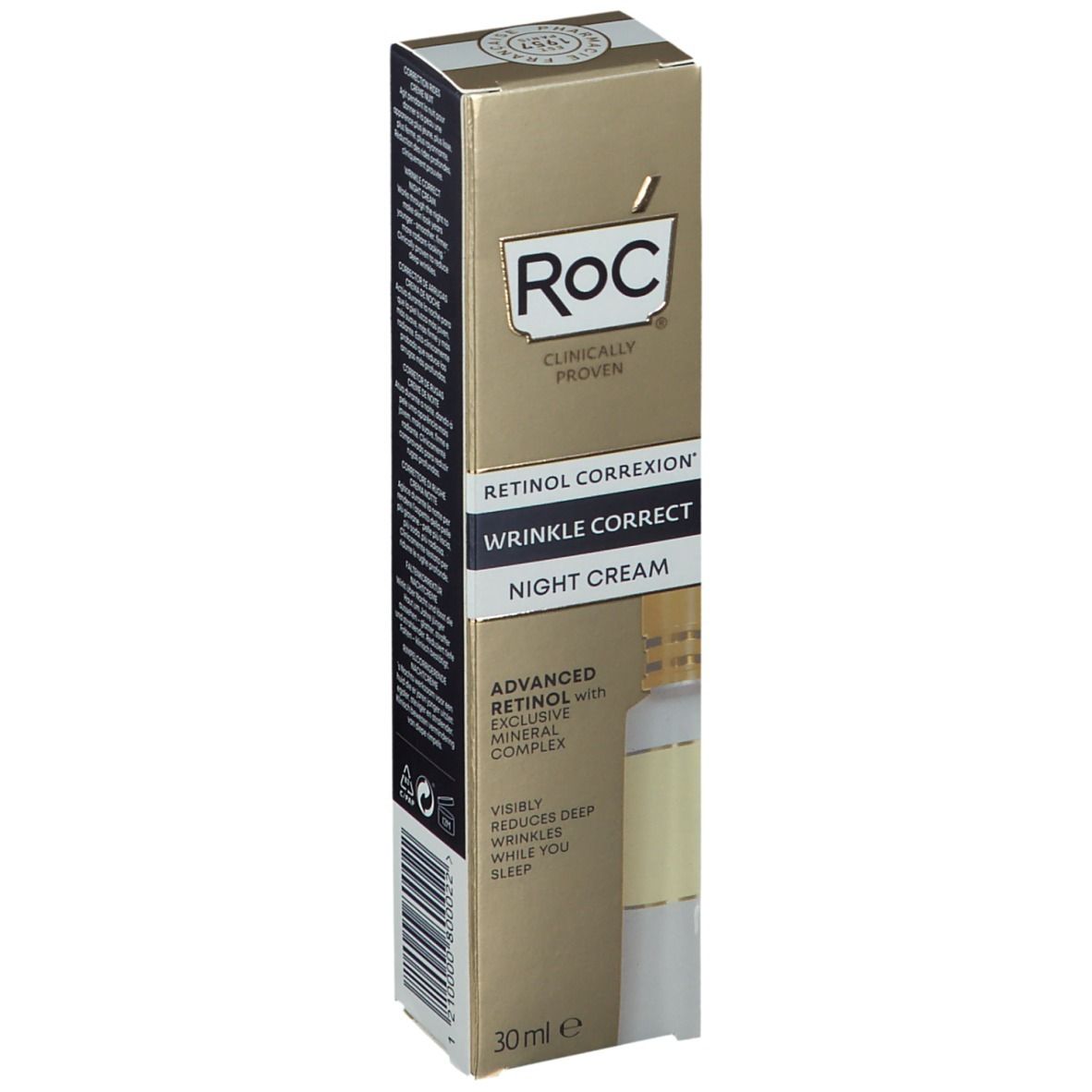 RoC® Faltenkorrektur Nachtcreme. Goldfarbene Verpackung. Produktname und Logo sichtbar. 30ml.