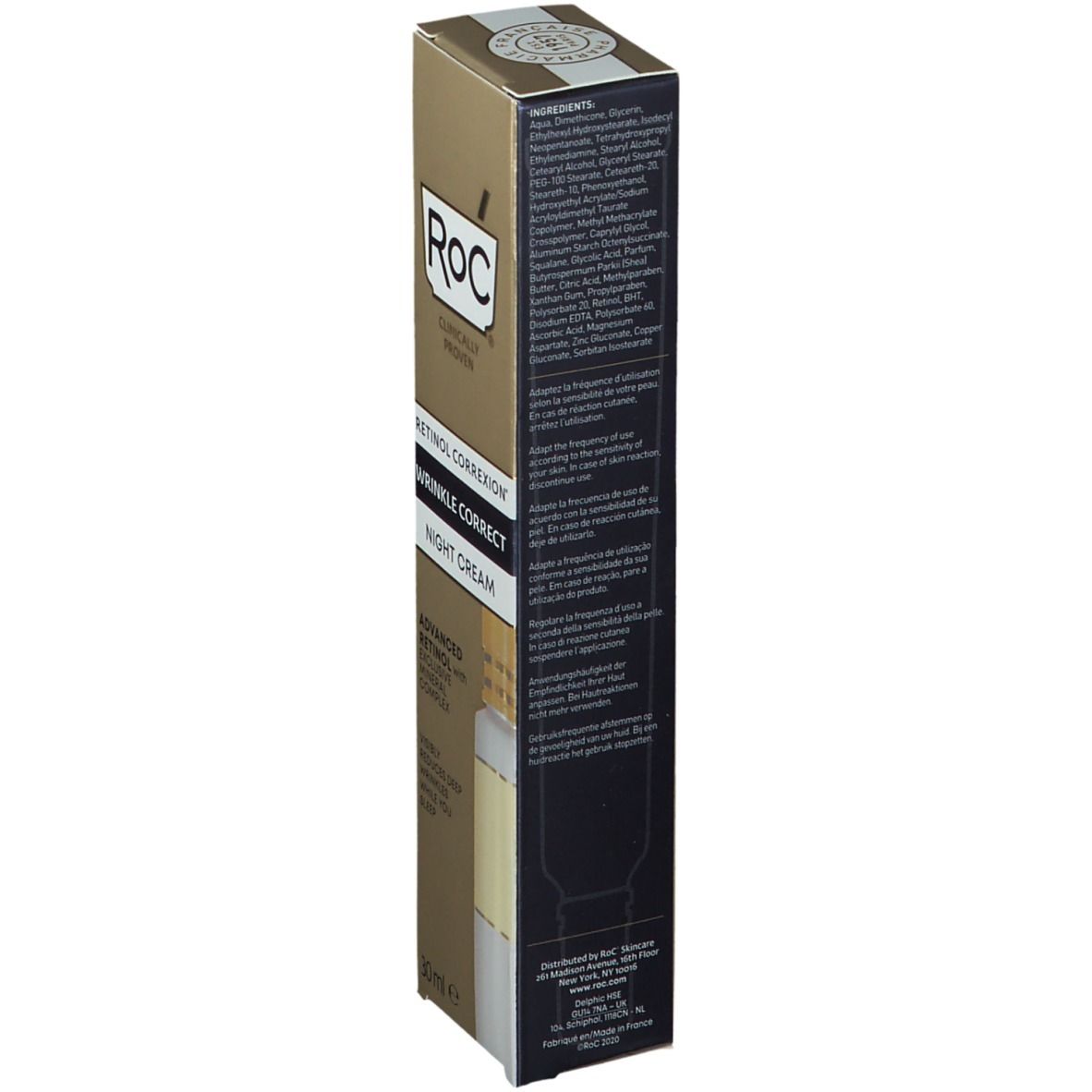 Rückseite der RoC® Faltenkorrektur Nachtcreme Verpackung. Text in mehreren Sprachen. Barcode unten.