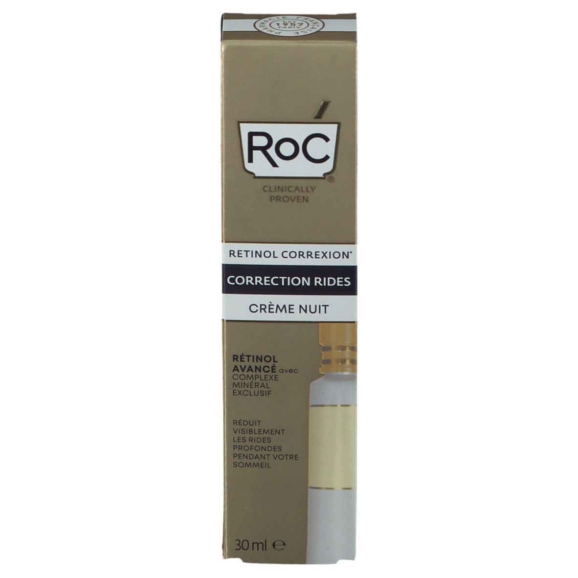 RoC® Faltenkorrektur Nachtcreme. Goldfarbene Verpackung. Produktname und Logo sichtbar. 30ml.