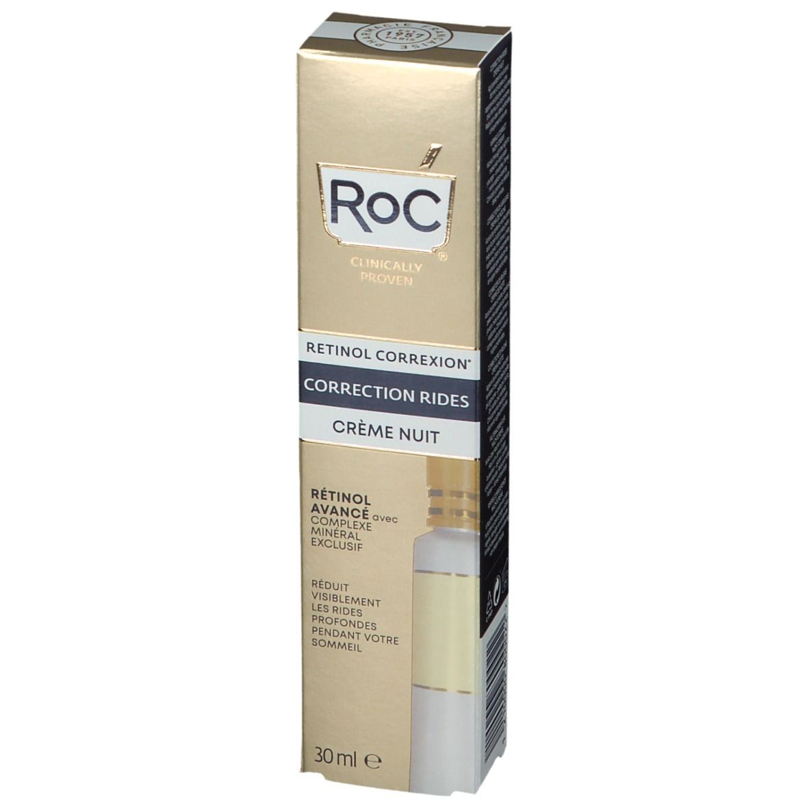 RoC® Faltenkorrektur Nachtcreme. Goldfarbene Verpackung. Produktname und Logo sichtbar. 30ml.