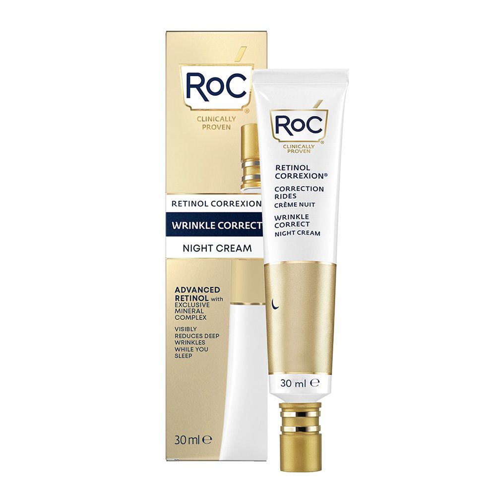 RoC® RETINOL CORREXION® Nachtcrème tube en verpakking. 30 ml. Logo en naam zichtbaar.