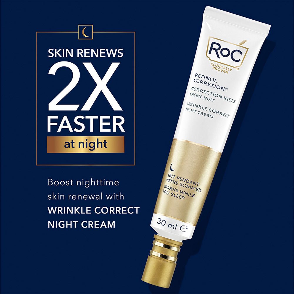 Blauwe achtergrond. RoC® RETINOL CORREXION® Nachtcrème tube. 30 ml. Tekst: Skin renews 2x faster at night.